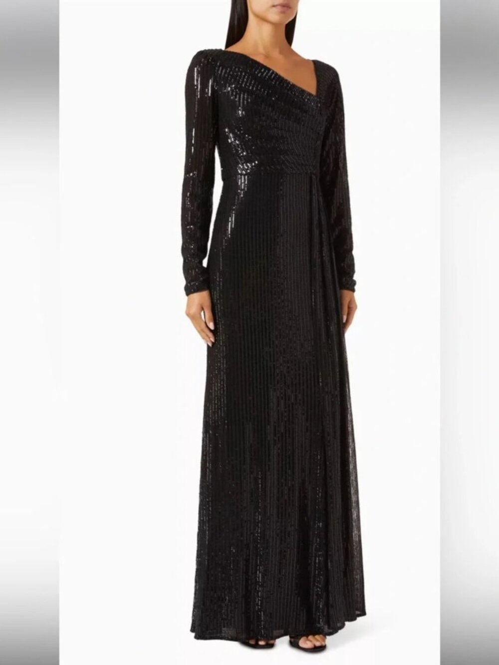 BADGLEY MISCHKA Collection Draped Sequin Striped Gown Long Sleeve Dress Size 4 - Picture 2 of 7